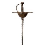 A 17th century cup hilt rapier, slender blade 39 in. with flamboyant edges, short fuller marked