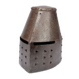 A great helm, of riveted construction, conical crown formed of two plates - the front with medial