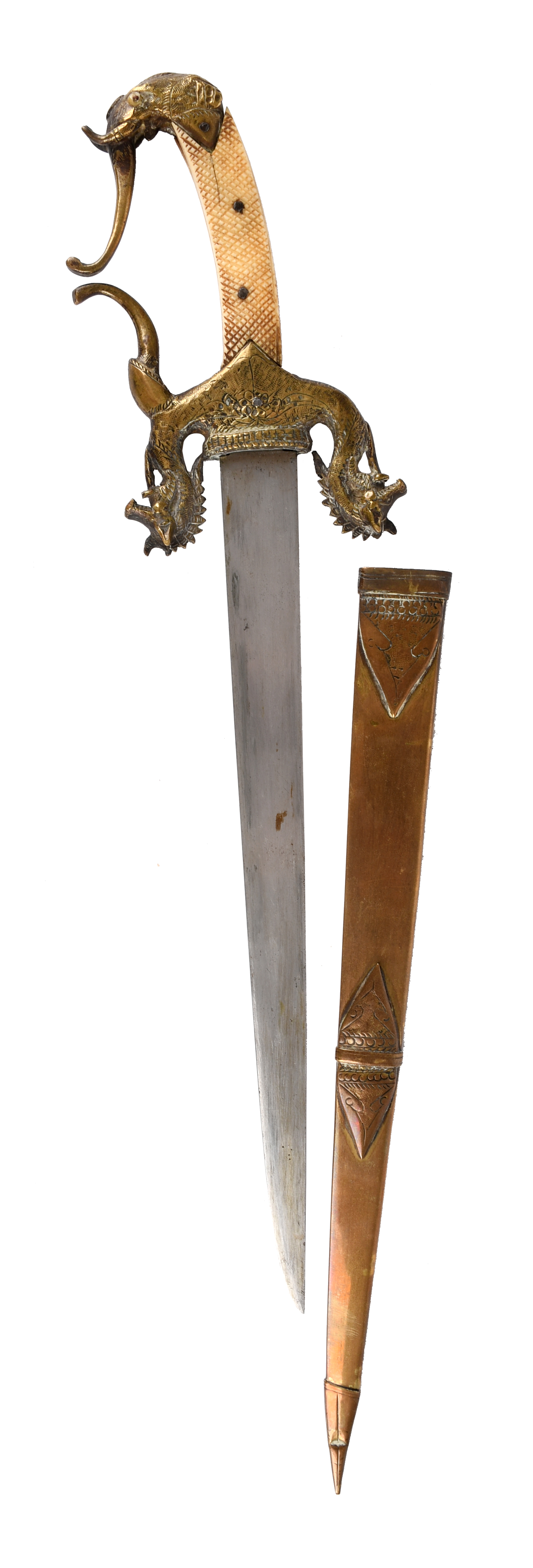 A South Indian dagger, tapering single-edged blade 11 in.; ornate brass hilt with down-turned