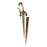 A South Indian dagger, tapering single-edged blade 11 in.; ornate brass hilt with down-turned