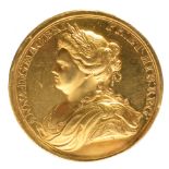 Anne: The Peace of Utrecht 1713, a gold medal, 35 mm, bust left, rev. Anne as Victory standing