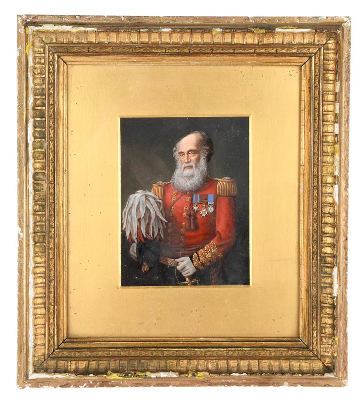 A over-painted portrait photograph of Lieutenant-General William Burlton, C.B., Indian Army; three