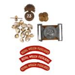 The Royal Welch Fusiliers: a collection of insignia, including: a busby badge, flaming grenade