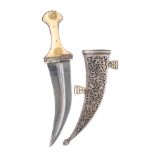 λ A fine South Arabian dagger (jambiya), broad curved blade 6.5 in., with narrow medial ridge;