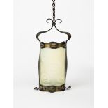 A silvered-copper hall lantern, with cylindrical vaseline glass shade unsigned, 42cm. high