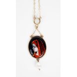 A Limoges enamel portrait of Saint Fabiola Wearing a Red Veil pendant, after the painting by Jean-