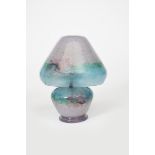A Moncrieff's Monart Ware glass table lamp, mushroom shaped, pink glass graduating to blue rim