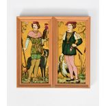 A pair of Minton's tile plaques, each painted with young medieval hunter, one with a hound and hawk,