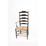 An ebonised ash Gimson high-back armchair by Edward Gardiner, the back with five graduated and