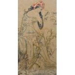 An Art Nouveau silk embroidery of a maiden resting by a pool side, in colours, framed, unsigned,