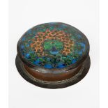 An Arts and Crafts patinated copper and enamel circular box, possibly American in the Boston