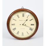 A Thwaites & Reed mahogany wall clock, circular with circular dial with Roman numerals, with twin