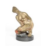 ‡ Leon Masson (1911-1984) Crouching Woman, cire perdue patinated bronze, on textured black base,