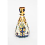 A Carlo Manzoni Pottery vase, dated 1896, carafe form with knopped neck, painted with panels of