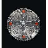 A George Hunt silver brooch, circular form with fine wirework Celtic cross decoration, set with four