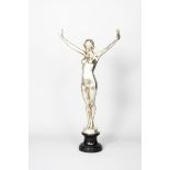 Ferdinand Preiss, after Youth a large silvered metal sculpture on waisted polished marble base,