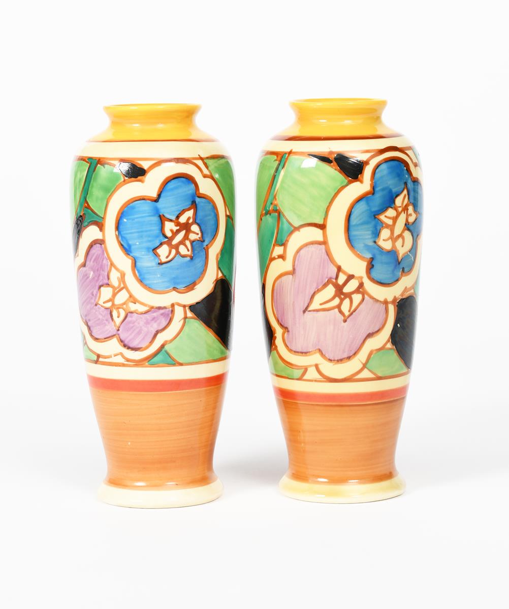 'Red Gardenia' a pair of Clarice Cliff Bizarre vases, shape no.186, painted in colours between - Image 2 of 3