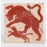 A William De Morgan ruby lustre tile, painted with a prancing lioness and cub on a scrolling foliage