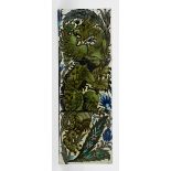 A William De Morgan Sands End Persian three tile panel, painted with a dragon climbing a bough, in