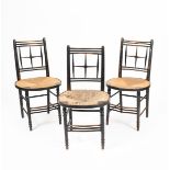 Three Morris & Co Sussex ebonised wood chairs, possibly designed by Ford Maddox Brown, each with