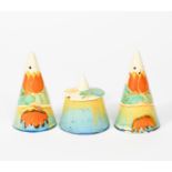 'Lily' a Clarice Cliff Bizarre Conical cruet set, painted in colours, comprising salt and pepper