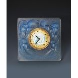'Naiades' no.764 a Lalique opalescent glass desk clock designed by Rene Lalique, with blue staining,