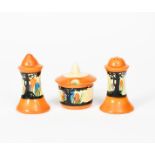 'Peter Pan Crocus' a Clarice Cliff Bizarre cruet set, painted in colours, comprising; salt and