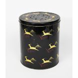 A large Biba Leaping Deer enamelled tin storage jar and cover, decorated in gilt, black and red with