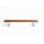 A Hille Interplan slat top bench designed by Robin Day, seven wooden slats on enamelled metal frame,