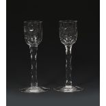 Two rare James Powell & Sons Whitefriars cut glass liqueur glasses, each cut with a stylised