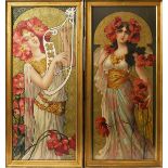 Mary Galay (born 1869) A pair of lithographic prints of Art Nouveau maidens, one playing a lyre, the