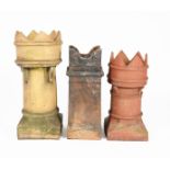 A terracotta crown top chimney, another similar and a square section chimney, unsigned, 70cm.