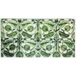 Eight William De Morgan Early Fulham Period tiles, each painted in green on a white ground with