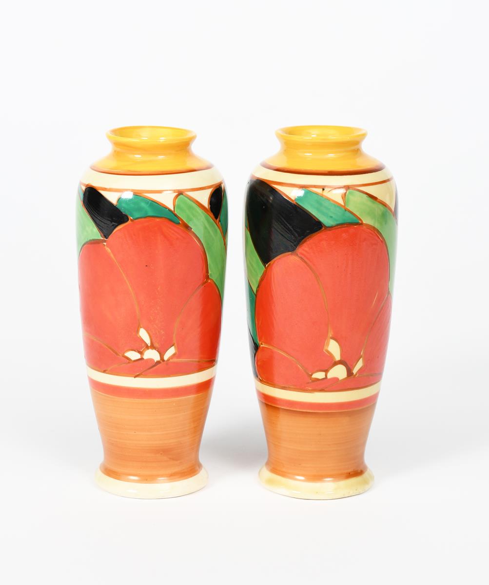 'Red Gardenia' a pair of Clarice Cliff Bizarre vases, shape no.186, painted in colours between - Image 3 of 3