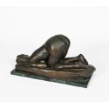 Mathieson Lying Naked Woman patinated bronze erotic sculpture, on veined marble base signed in the