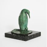 ‡ David Cornell (born 1935) Penguin with young verdi gris bronze on polished marble base signed