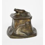 An Art Nouveau patinated bronze inkwell, tapering square section, cast in low relief with sea