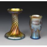 A Louis Comfort Tiffany Favrile glass vase, twisted form with flaring top rim, and another Louis