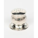 A Liberty & Co silver and enamel pepper pot, model no.492, ovoid with flaring foot, hammered
