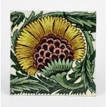 A large William De Morgan Early Fulham Period BBB tile, painted in shades of yellow, aubergine and