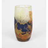 An Art Nouveau Daum Nancy cameo glass vase, swollen cylindrical mottled yellow glass body cased with