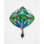 A Smith and Ewen silver and enamel pendant necklace, elliptical form cast in low relief and