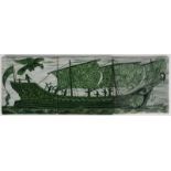 A William De Morgan Late Fulham Period Galleon three tile panel, painted in shades of green with a