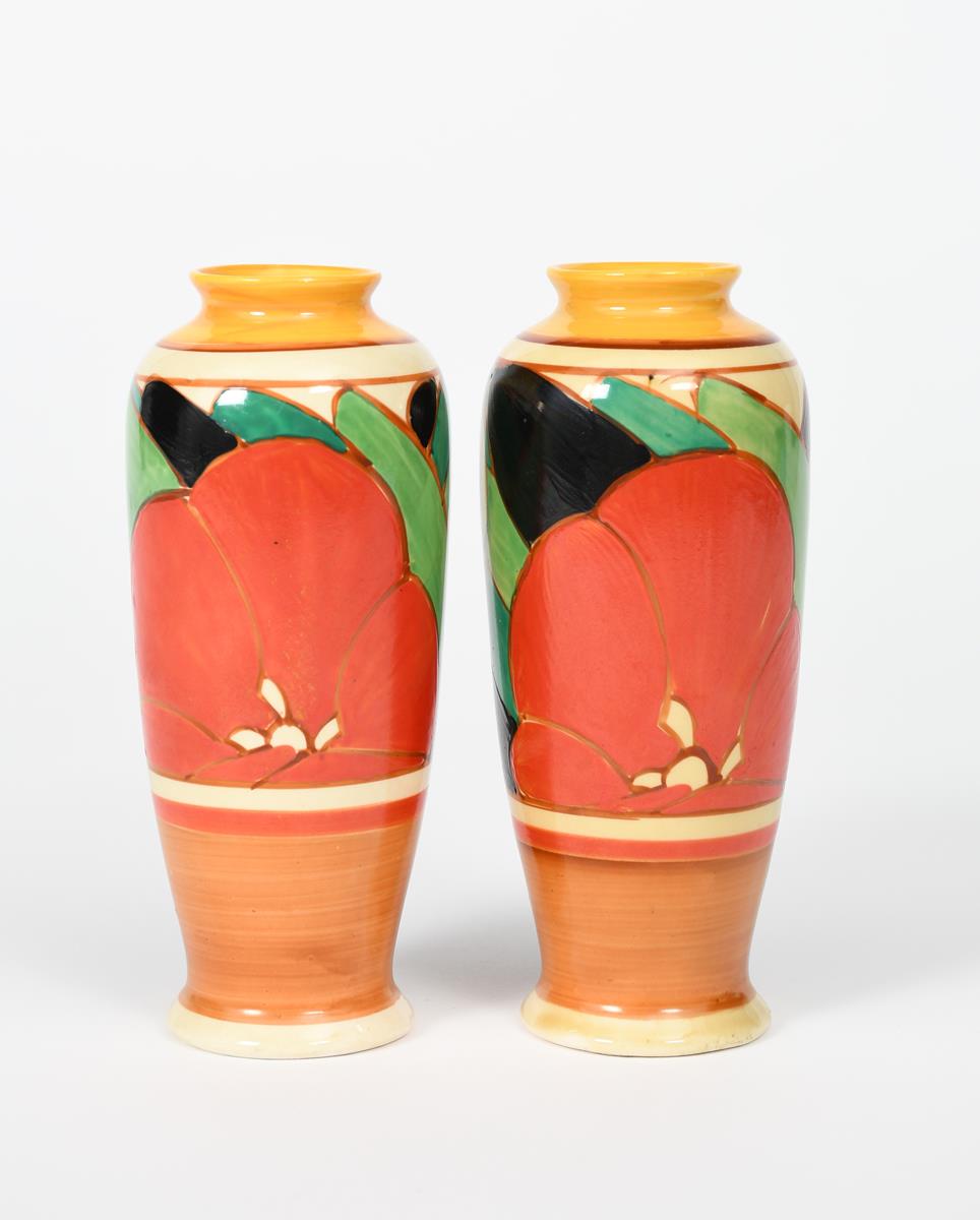 'Red Gardenia' a pair of Clarice Cliff Bizarre vases, shape no.186, painted in colours between