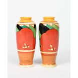 'Red Gardenia' a pair of Clarice Cliff Bizarre vases, shape no.186, painted in colours between