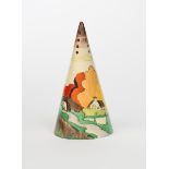 'Lorna' a Clarice Cliff Conical sugar sifter, painted in colours printed factory mark, 14cm. high