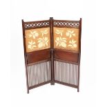 An Aesthetic Movement mahogany two-fold screen, with pierced rails and two hinged shelves, set