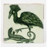 A William De Morgan Late Fulham Period Secretary Bird and Lizard tile, painted with a Secretary Bird