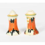 'Solitude' a Clarice Cliff salt and pepper cruet set, painted in colours, salt printed Newport