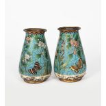 A pair of Elkington & Co cloisonne enamel vases, tapering cylindrical form with everted top rim,